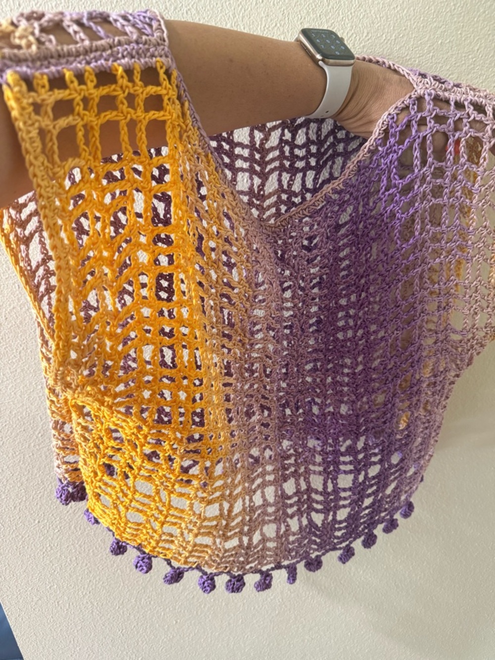 Handmade Crochet Shawl in Yellow and Lavender 100% Egyptian Cotton by seller.
